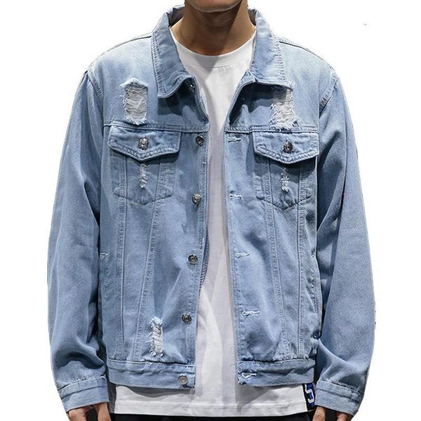 

men denim jackets holes jean jackets streetwear casual denim coats male cotton outwear slim plus size 5xl, Black;brown
