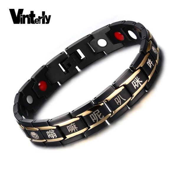 

vinterly religion tibetan buddhist six words mantra hand chain black stainless steel health magnetic bracelets bangles for men