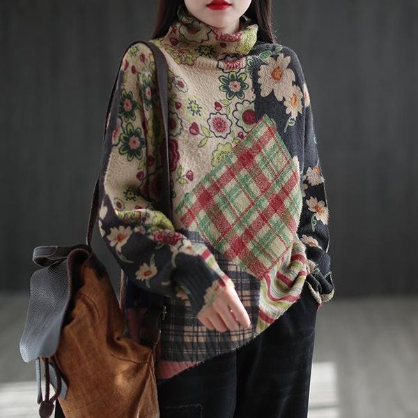 

2021 winter sweaters women retro print loose turtleneck collar female imitated mink wool fashion knit, White;black
