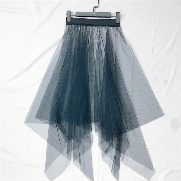 

korean skirts womens summer beach cover up high waist irregular transparent lace mesh tulle black long midi skirt women