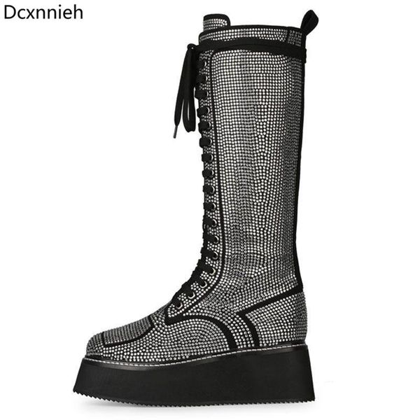 

rhinestone thick sole knee boots women lace up round toe knight boots woman big size 43eu motorcycle show mujer 2020, Black