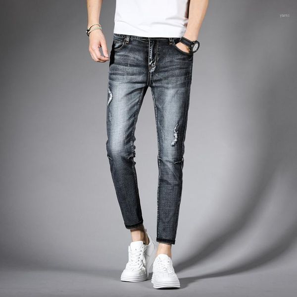 

2020 men's new fashion hip hop clothing pants slim 9 cropped jeans1, Blue