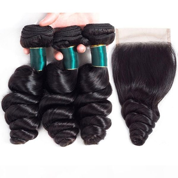 

класс 10a сыпучие wave 3 human hair связки с 4x4 кружева закрытие необработанные бразильский virgin человеческих волос переплетений extensio, Black