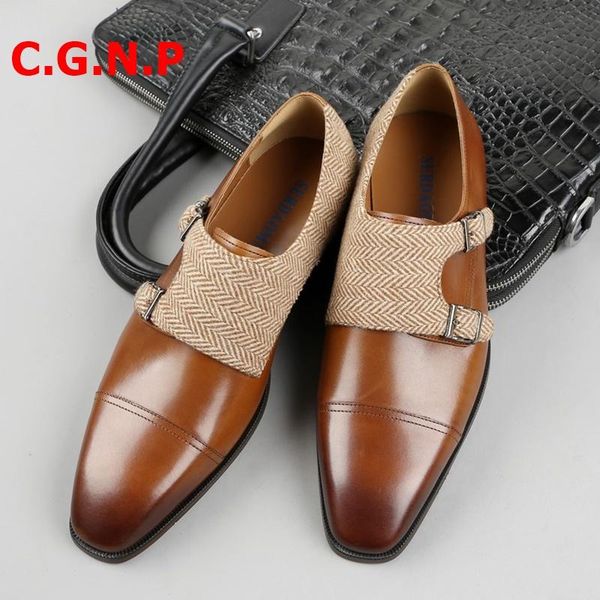 

dress shoes c.g.n.p italian genuine leather loafers men business formal handmade patchwork double monk straps loafer, Black