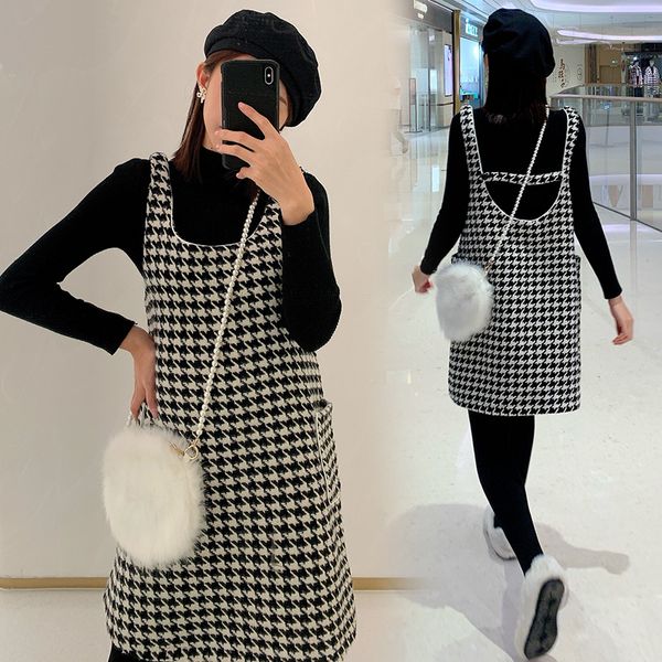 Herbst Schwangere Frauen Twinset Schwarz Langarm Pullover Plaid Sommerkleid Adrette Kleid Anzüge Mutterschaft Baumwolle Kleidung Set LJ201114