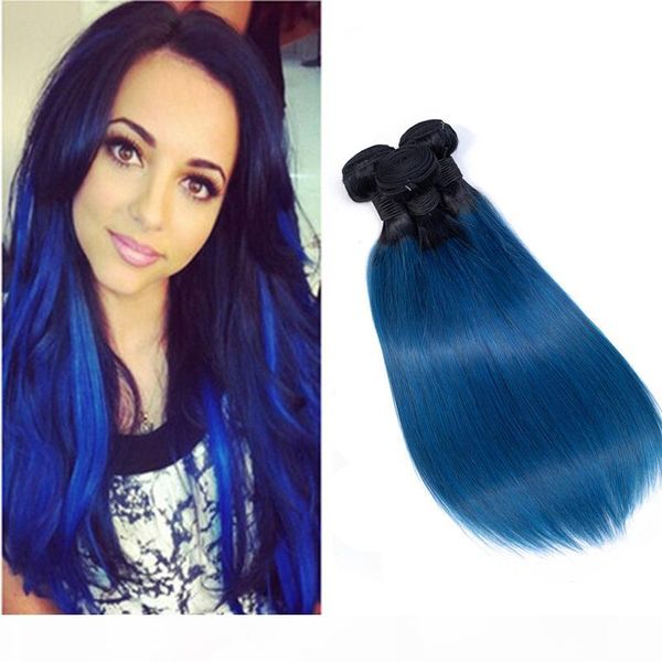 

brazilian virgin hair 1b blue ombre human hair straight 12-26inchthree bundles 1b blue brazilian hair wefts 3 pieces, Black