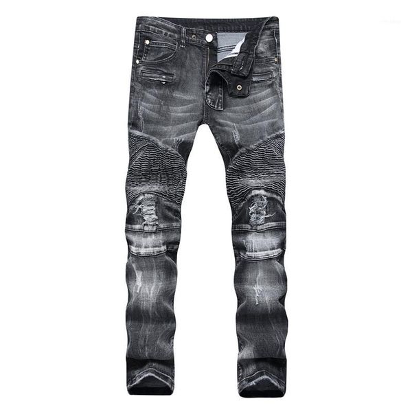 

gersri 100% cotton streetwear men skinny biker jeans homme straight male motorcycle moto hip hop denim pants joggers runway jean1, Blue