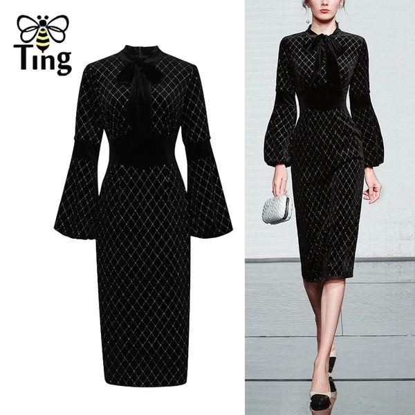 Tingfly Designer Runway Lanterna Manga Preta Veludo Partido Jantar Dresses Slim Luxo Glitter Pregue Vestido Casual Elbise Zaful 201127