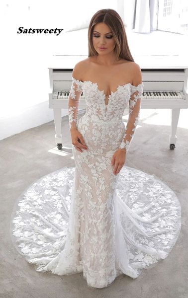 

vestido de noiva off the shoulder mermaid wedding dresses sequin floral embroidered lace chantilly lace wedding gown, White