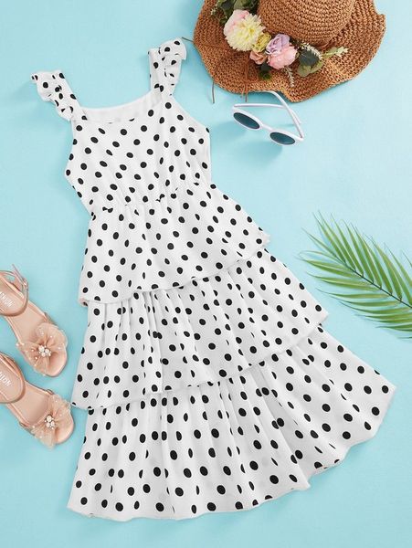 

girls polka dot ruffle trim layered hem cami dress she, Red;yellow