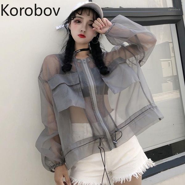 

women's jackets korobov harajuku oversize coats korean mesh perspective long sleeve streetwear sunscrean adjustable waist coat 781711, Black;brown