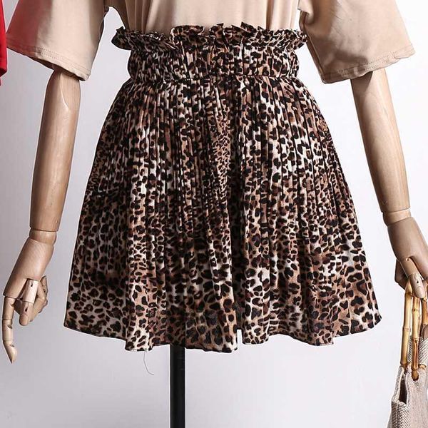 

summer women's skirt female fashion leopard print skirt women high waist pleated chiffon girls mini skirts1, Black