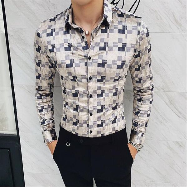 

men's casual shirts plaid printed shirt 2021 men club clothing autumn winter thick gold velvet slim camisas hombre plus size -4xl, White;black