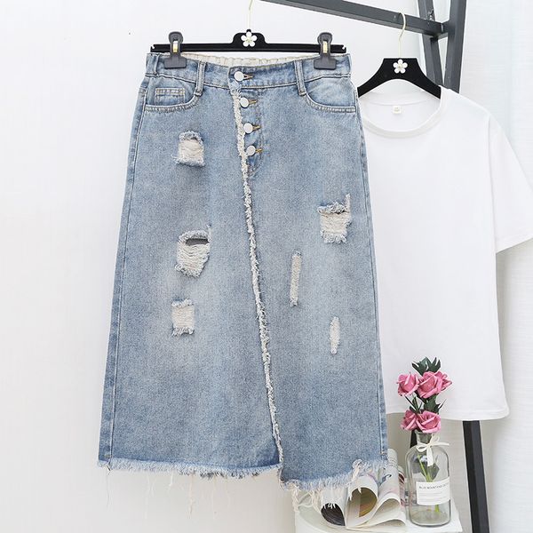

large size casual high waist split women jean skirt streetwear female a-line skirt 2021 summer ripped hole denim, Black