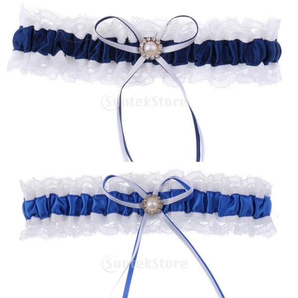 

women's blue & white floral lace and ribbon knot-bow wedding sweet accessories bridal garter with satin bow pearl, Black;white