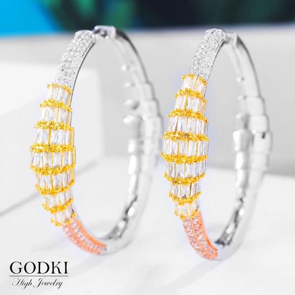 

hoop & huggie godki 44mm luxury 3 tone geometry cubic zircon cz statement big earrings for women wedding dubai bridal earring 2021, Golden;silver