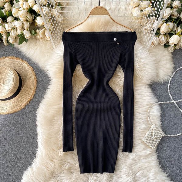 

2021 new female in her mesh slash neck long elastic sheath pencil autumn pearl brooch short dress ixq9, Black;gray