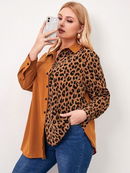 

plus contrast leopard pocket patched blouse k0ts#, Black