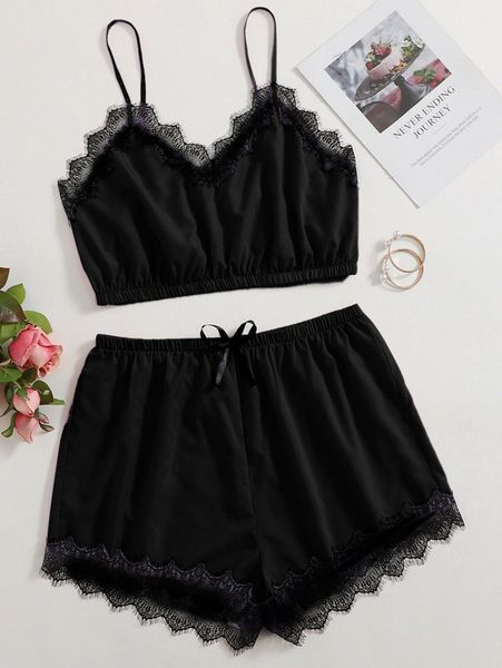 

plus contrast lace bow front pj set v4q4#, Black;white