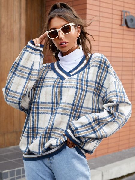 

tartan print drop shoulder pullover s5mg#, White;black