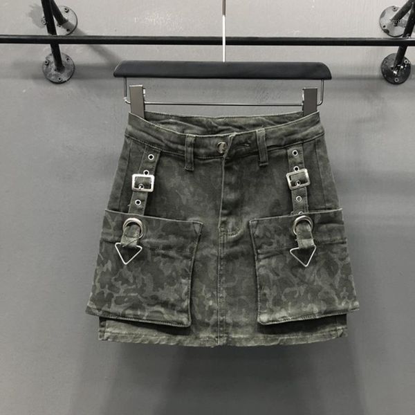 

ewq] personalized denim skirt women's large pocket a-line skirt hip covering vintage style new fashion tide 2021 summer gd8631, Blue