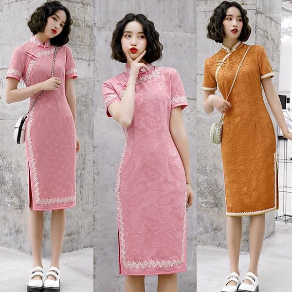 

ethnic clothing fashion improved jacquard bubble cloth long cheongsam 2021 spring skirt1, Red