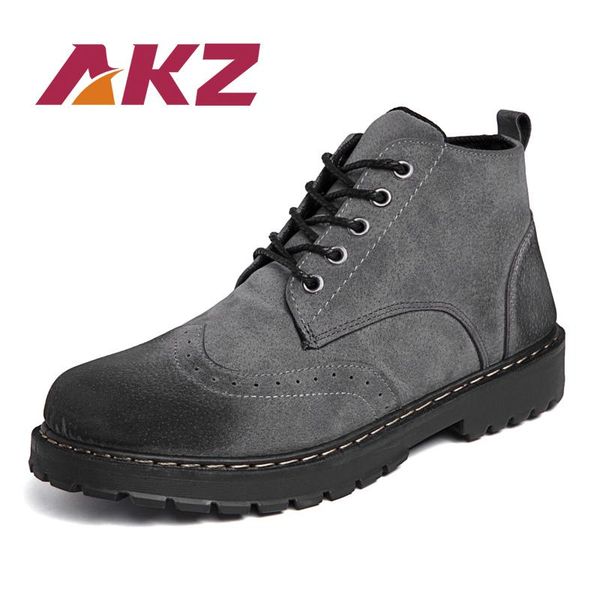 

boots akz autumn winter men ankle cow suede male round toe lace up footwear vintage casual shoes, Black