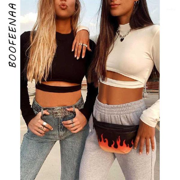 

boofeenaa streetwear long sleeve shirt cut out crop spring 2020 woman black white women tshirts c87-i511