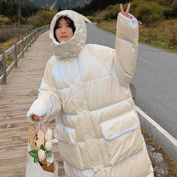 

hooded bright pleated parkas women pluz size thick causal bread coat korean sweet long warm jacket 2021 winter fashion1, Black