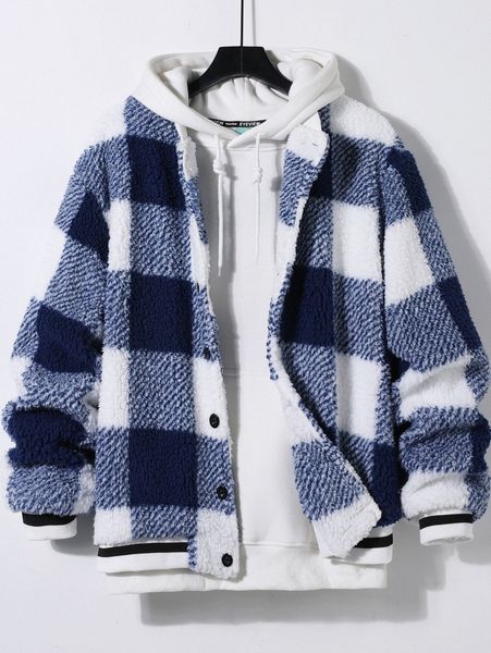 

men buffalo plaid print teddy bomber jacket without hoodie 49iu#, Black;brown