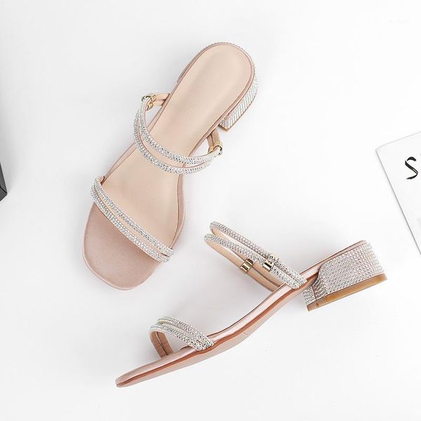 

slippers women 2021 summer slide sandals silk crystal shoes woman narrow band casual square high heels pump outdoor slipper1, Black