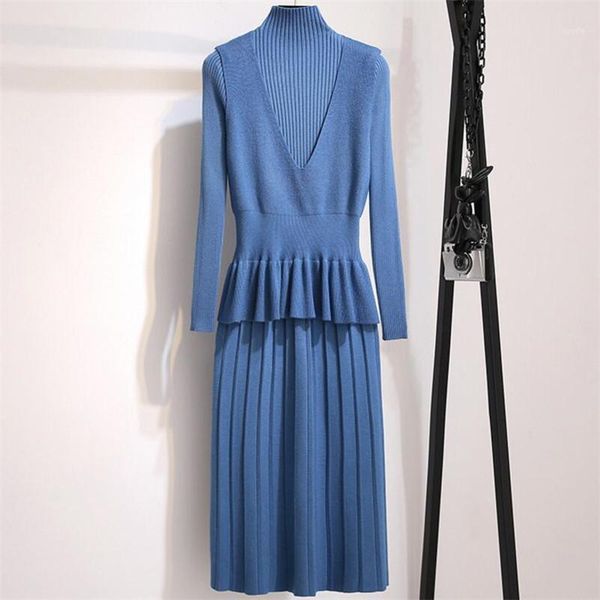 

medium and long two-piece knit slim dress female 2020 spring new slim fashion suit base skirt 2 sets1, White