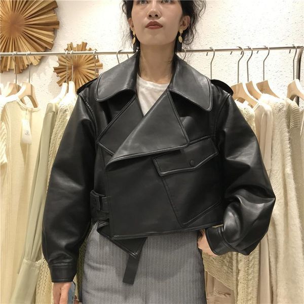 

pu leather jacket coat ladies basic soft short outwear punk clothing faux leather spring autumn women motorcycle army green full1, Black