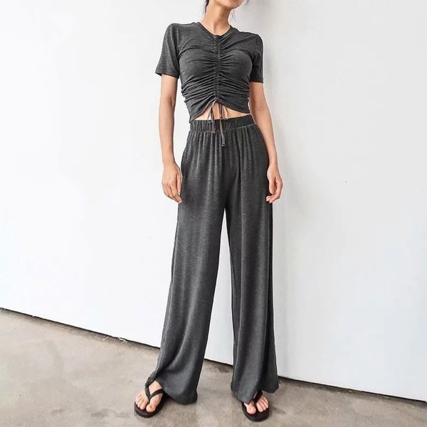 

fashion women sports v-neck suit drawstring slim short sleeve t-shirt + elastic high waist wide leg pants 1973, Gray