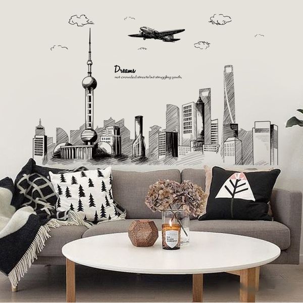 

ins style living room bedroom bedside tv background wall sticker foreign trade city sketch sketch wall sticker decoration