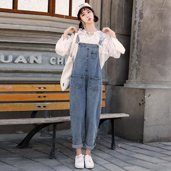 

age-reducing denim overalls women's 2020 spring and summer all-match korean style loose and thin nine-point mother jeans1, Blue