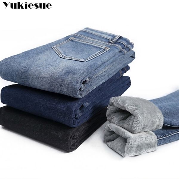 Inverno grosso mais veludo mulheres cintura alta jeans magros simples lã quente magro ajuste estiramento senhoras casual denim lápis calças 220224