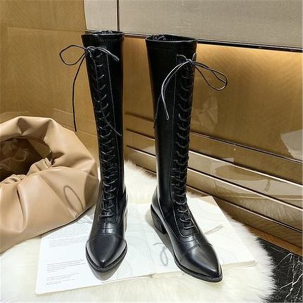 

new spring 2021 shoes pointed chunky toe heel riding women's lace up to the knee high black boots pqsp