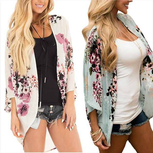 

2019 пляж блуза рубашки женщины цветочные сыпучие boho блуза летние шифоновые шали кардиган кимоно женщины топы и блузки, White