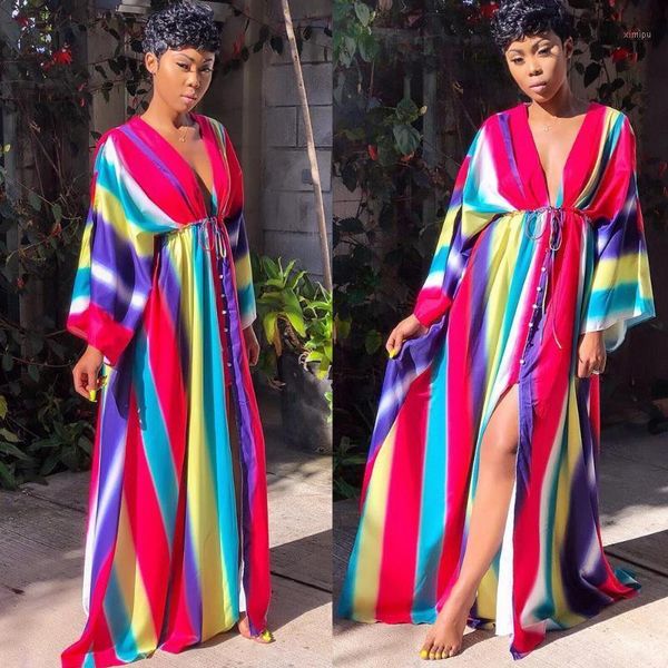 

2019 new african women's long sleeve colour stripe v collar button-up maxidress beach bohemian floor-length dress g35961, Red