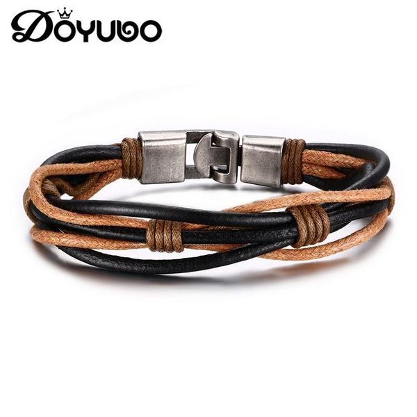 

doyubo simple men's brown pu ropes leather bangles stainless steel square charms bracelets male leather bracelets jewelry dd036, Golden;silver