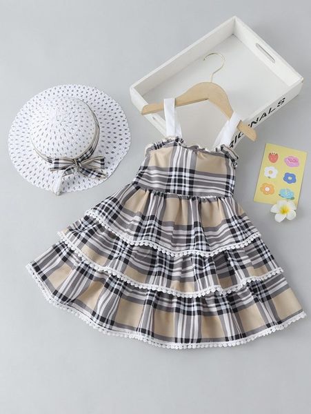 

toddler girls plaid frilled layered hem cami dress she, Red;yellow