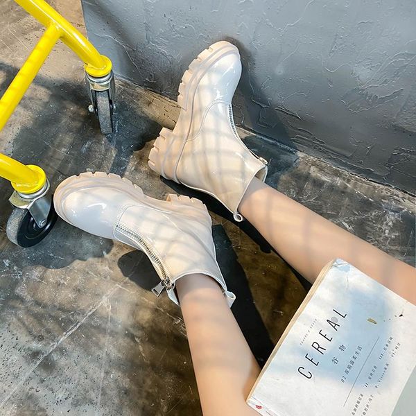 

round toe shoes lady boots summer booties flat heel luxury designer boots-women zipper low heels booties ladies rubber rock, Black