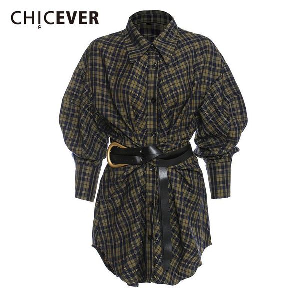 

chicever loose plaid shirts for women lapel long sleeve high waist sashes hit color casual blouses female 2020 autumn tide new, White