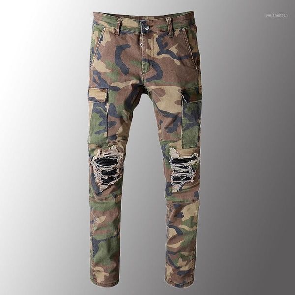 

men's camouflage printed patchwork biker jeans for moto slim fit straight army green pockets cargo denim pants1, Blue
