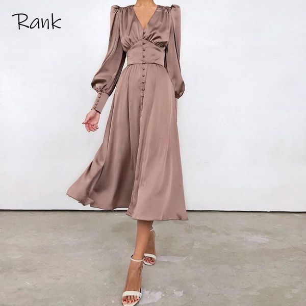 

rank puff sleeve spring satin long dress women v-neck party pleated dress brown elegant bodycon ladies chic ruched vestido, Black;gray