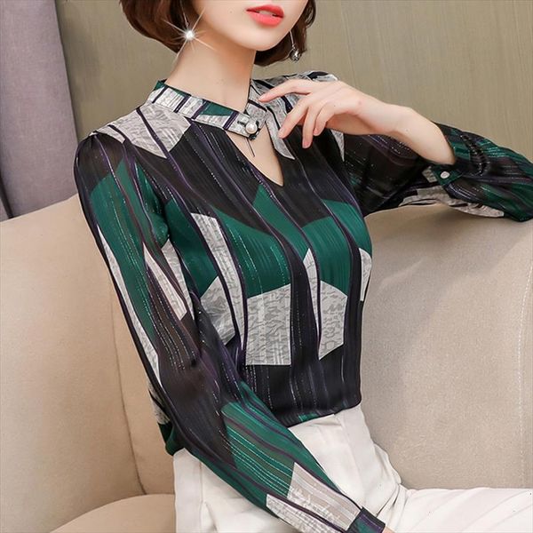 

2021 fashion print chiffon blouse women shirt long sleeve plus size women stripe ol blouse womens clothing blusas 0092 30, White