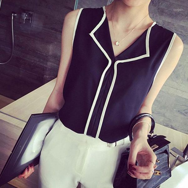 

fashion v-neck office blouses wear slim tank ladies black white shirt 2019 new women sleeveless chiffon blouse summer1