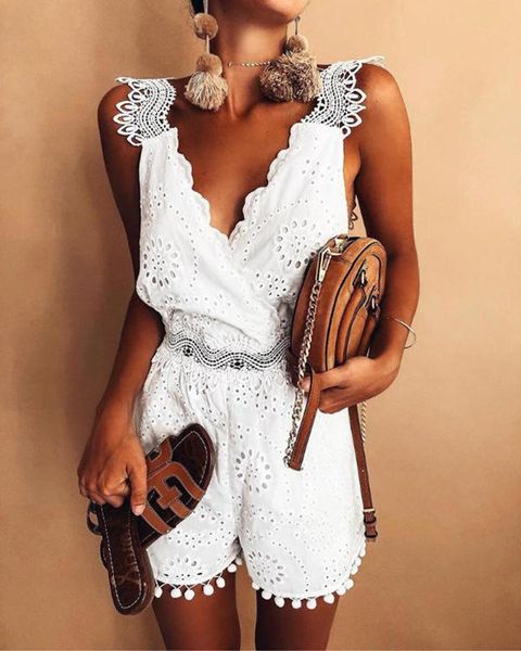 

2021 summer women jumpsuit bohemia mesh lace embroidery v neck sleeveless backless party holiday female playsuit romper, Black;white