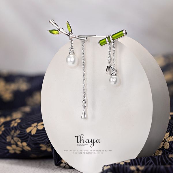 

thaya real s925 needles silver earring green bamboo earring dangle with pearl retro style for women silver earring fine jewelry q1111, Golden